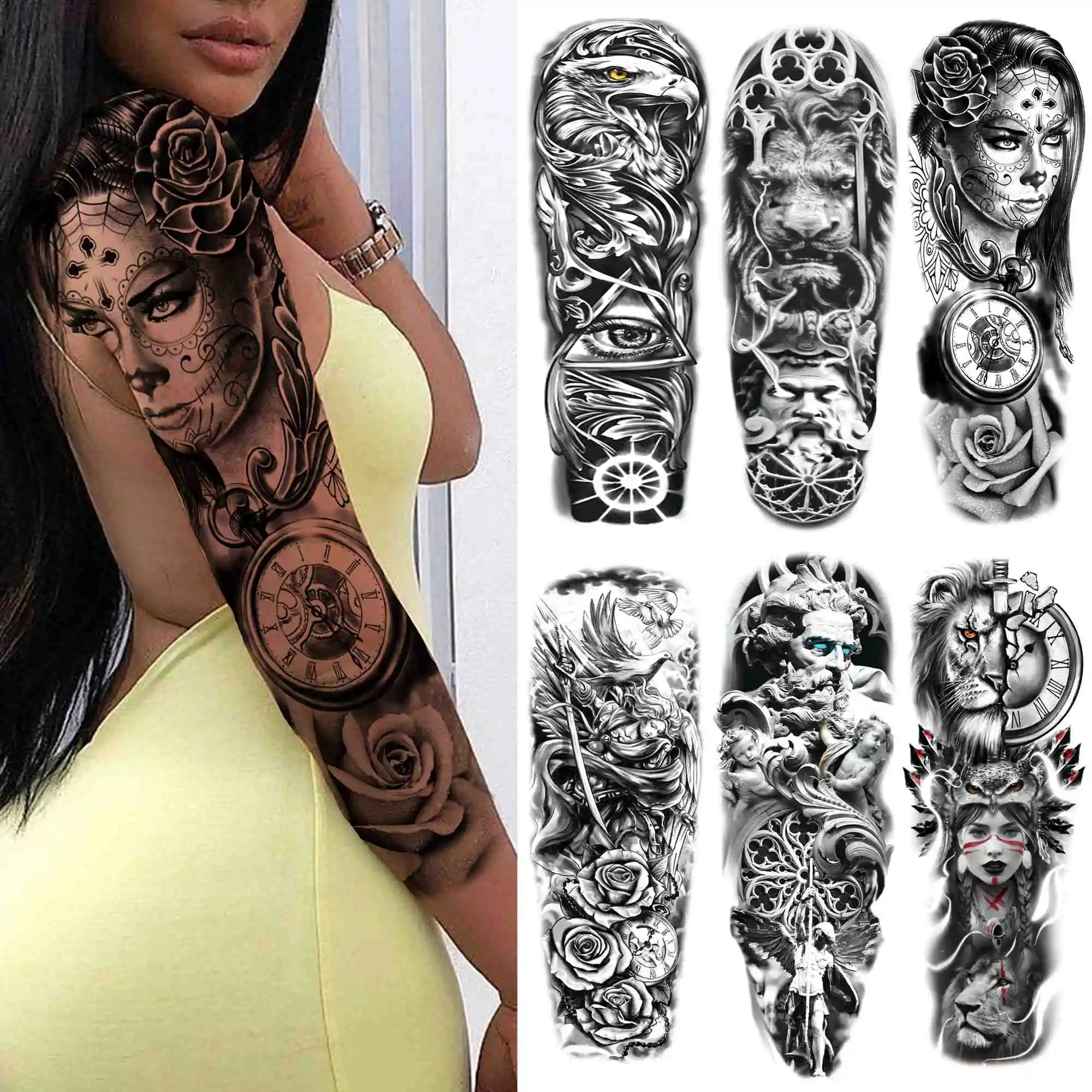 Sexy Girl Flower Temporary Tattoos For Women Men Black Lion Triangle Tattoo Sticker Fake Tribal Full Arm Sleeve Tatoos Paste