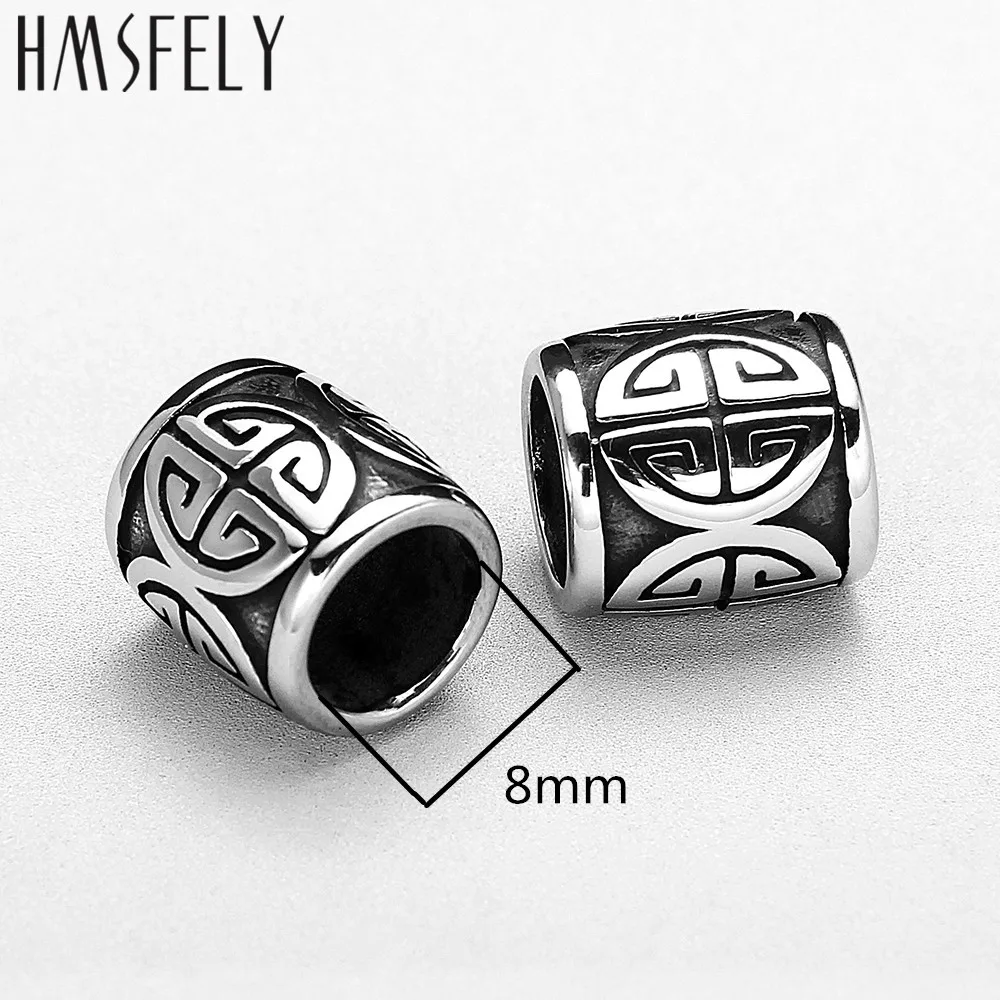 HMSFELY 8mm Big Hole Stainless Steel Beads Accessories For DIY Leather Bracelet Jewelry Making Totem Pattern Bead Wholsale 5pcs