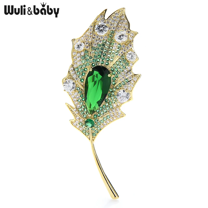 Wuli&baby Luxury Copper Green Leaf Brooch Pins Mirco Stones Leaves Women Brooches Winer Coat-Accessories 3.8 Gift