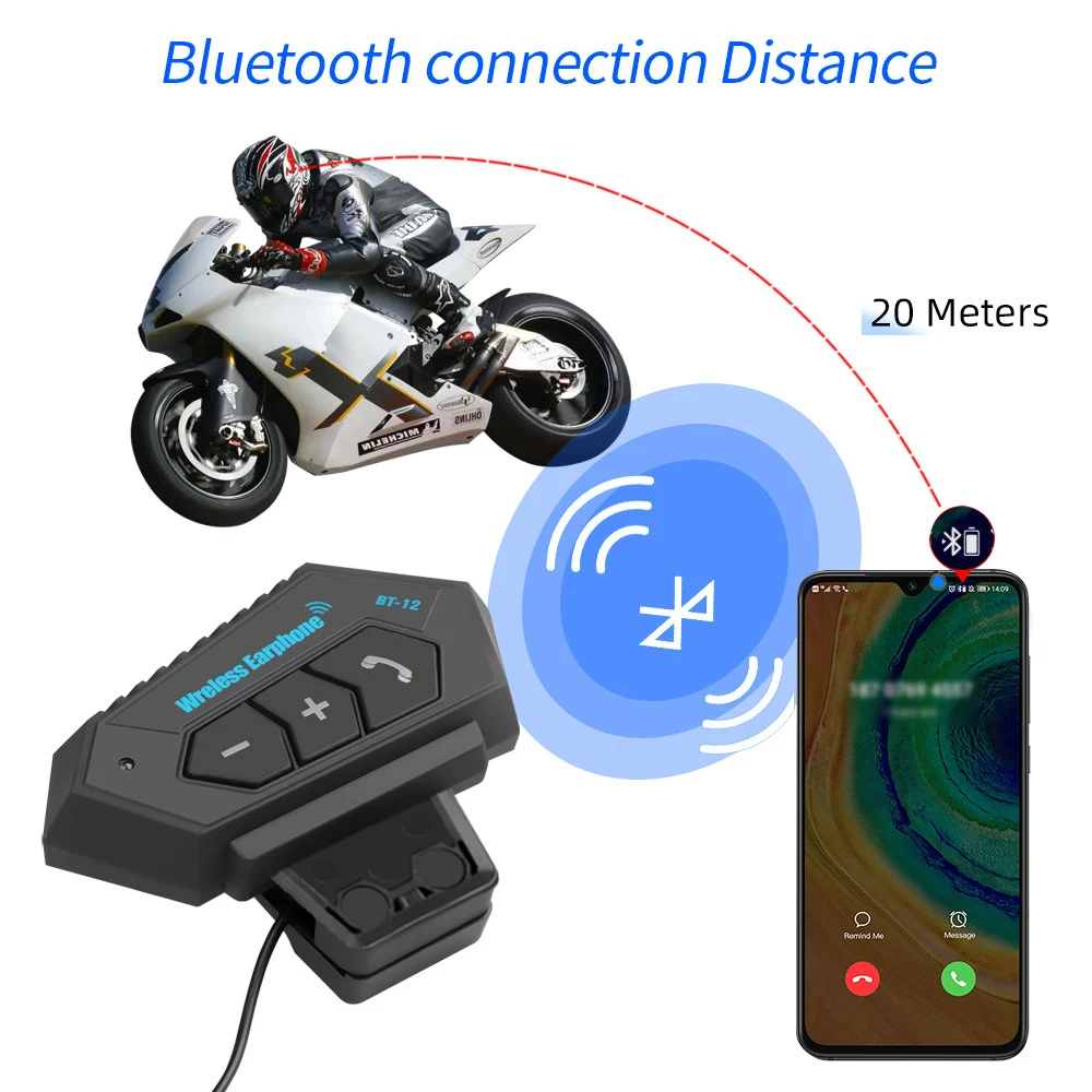 BT12 Headset Helm Bluetooth Moto Tahan Air Headset Bluetooth Bebas Genggam Nirkabel Waktu Bermain 20H untuk Ponsel MP3 Mp4 Sepeda Motor