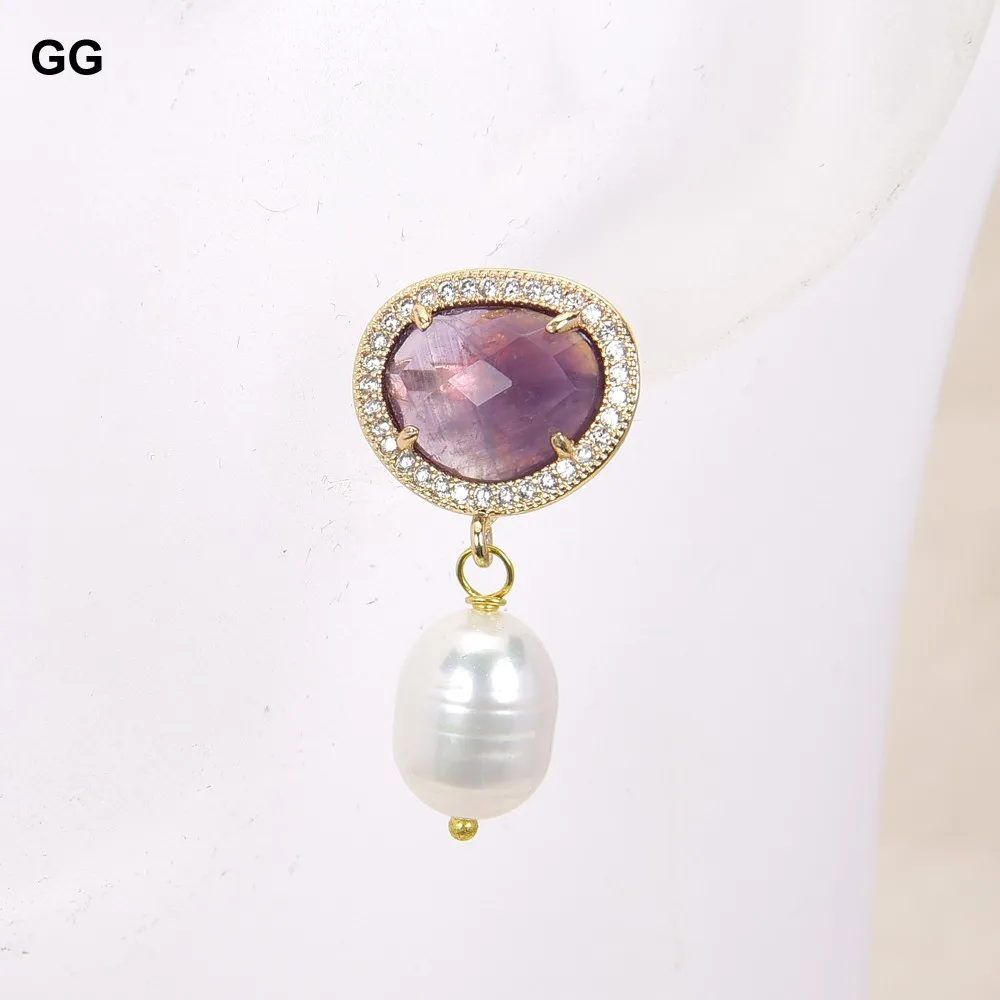 GuaiGuai Jewelry Natural White Rice Pearl Real Gems Amethysts Sodalites Labradorites Cz Pave Stud Earrings For Women
