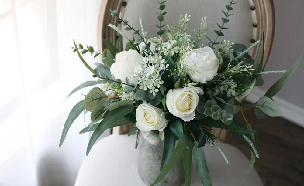 JaneVini Vintage European White Wedding Bouquets Handmade Silk Roses Green Eucalyptus Leaf Boho Bridal Bridesmaid Flower Bouquet