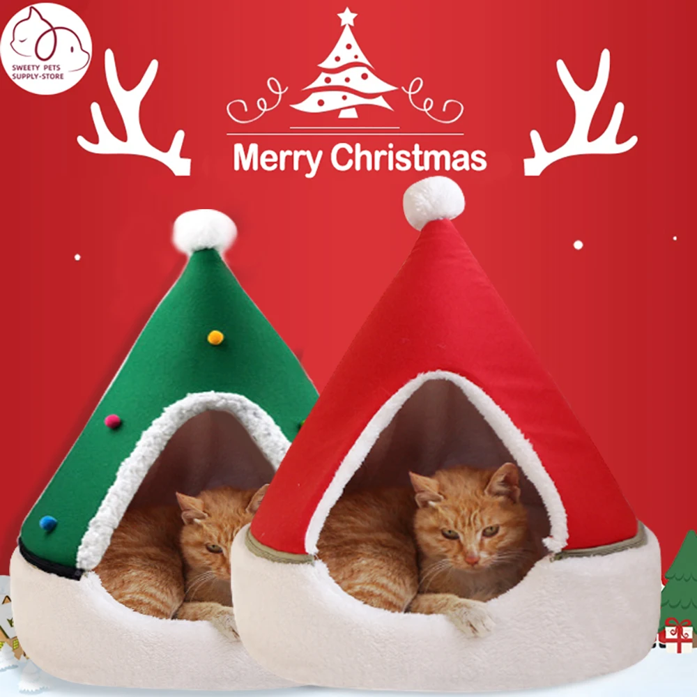 Christmas Cat Bed Cave Cats Basket House Warm Cotton Bed for Kitten Puppy Cat Accessories Non-Slip Oxford Bottom Pet Beds House