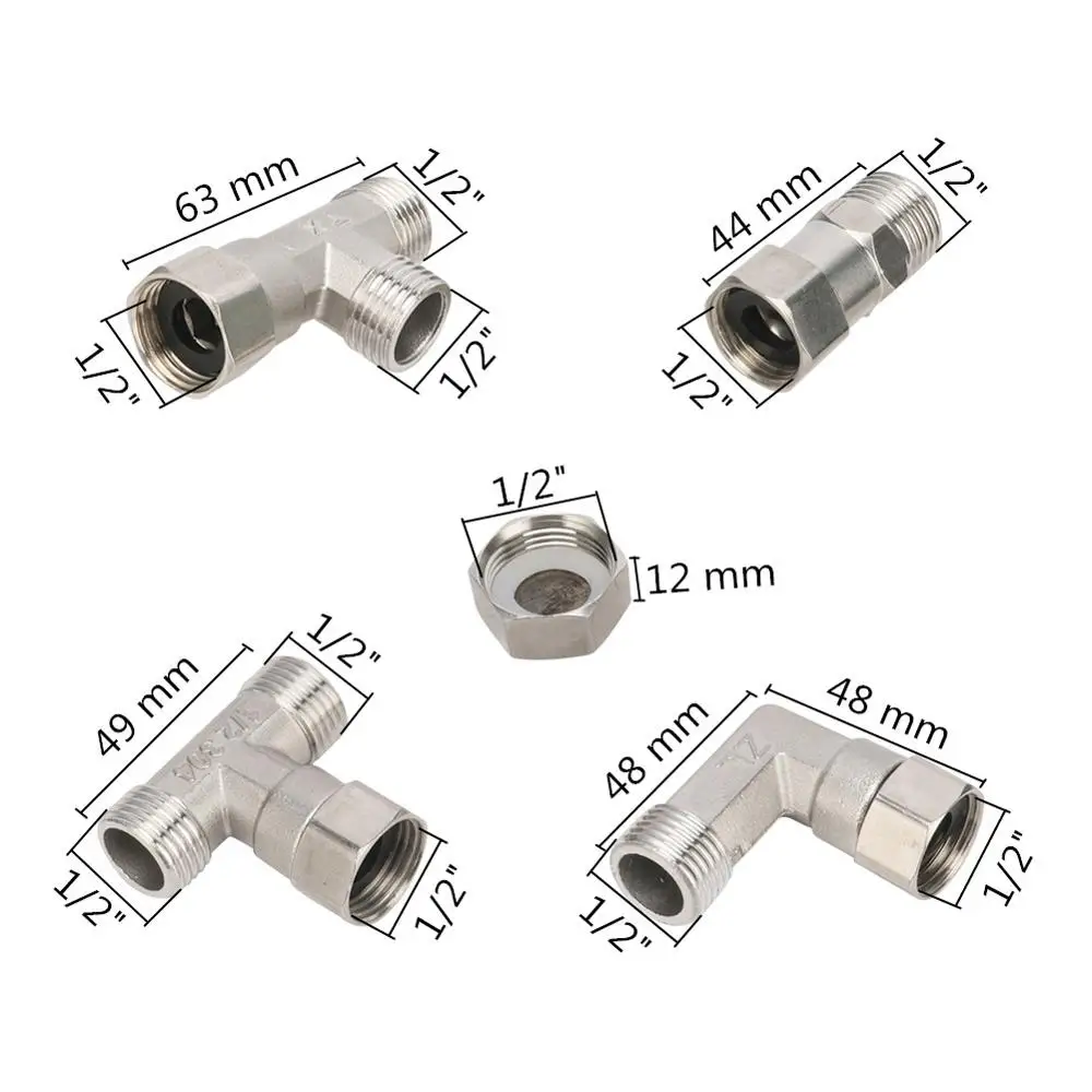 Stainless Steel G1/2 Union Hexagon Tee Elbow Straight Connector 1/2