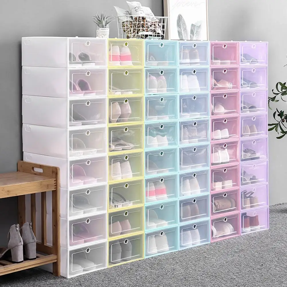 Home Shoe Case Flip-Open Cover Transparent Stackable Storage Box Shoes Drawer Case Organizer Bins