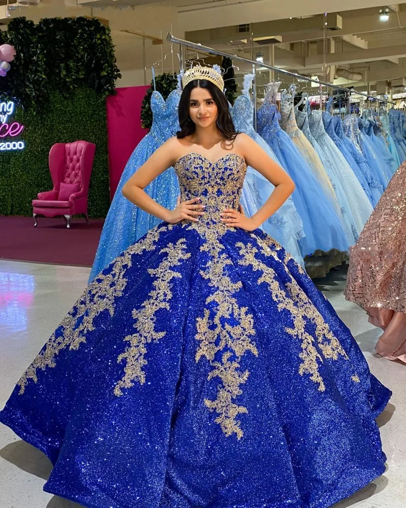 Sparkle Paillettes Royal Blue Abiti Stile Quinceanera Pizzo Applqiue Dolce 16 Abiti di promenade abiti da 15 años xv vestito con Corsetto