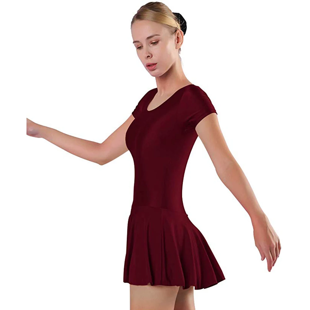 SPEERISE Women Short Sleeve Ballet Dance Skirted Leotard One Piece Bodysuit with Skirts Scoop Neck Gymnastics Dress Stage Wear