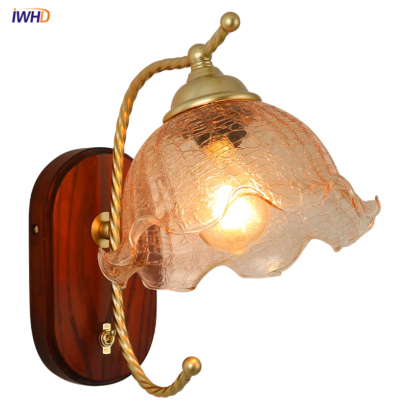 

Creative Wood Nordic Wall Lamp With Switch Glass LED Indoor Lighting For Home Decor Vintage Wall Sconce Lamp E27 AC 110V-220V