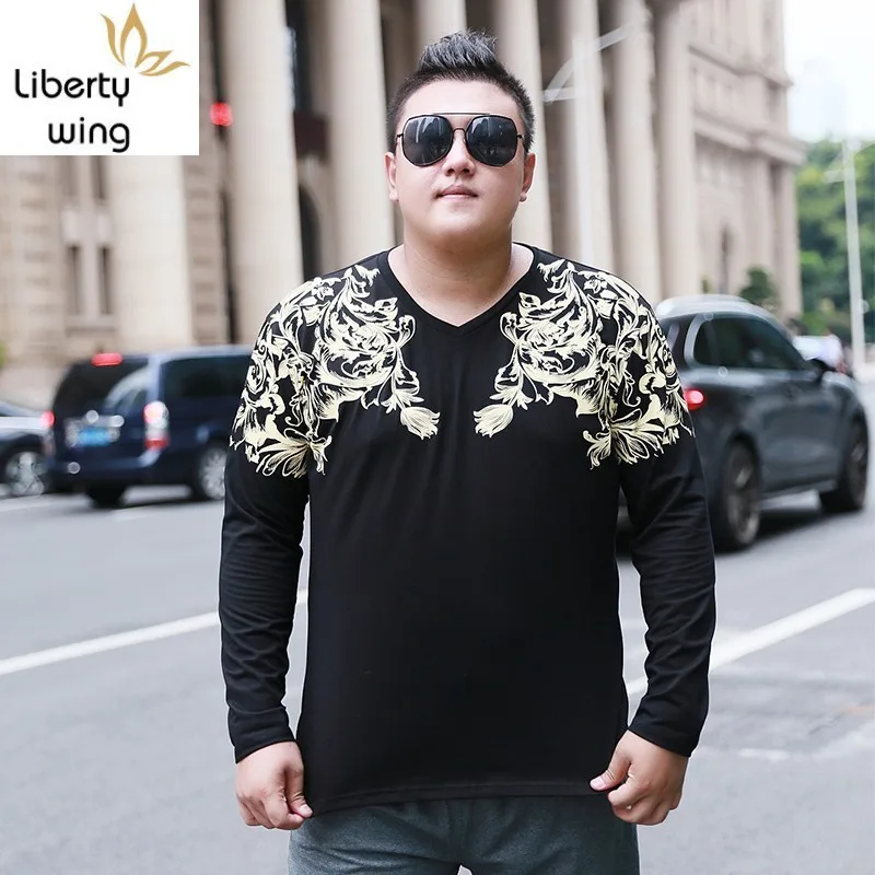 

Cotton Big Size 7XL Casual T-shirts Men Long Sleeve Printed Flower Design Loose Fit V-neck T-Shirt Mens Tops Streetwear Clothing