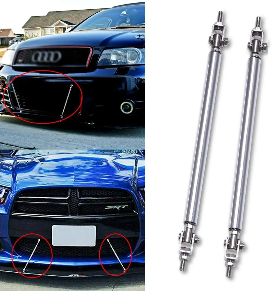 Silver Adjust Front Bumper Lip Splitter Strut Rod Tie Support Bars 8