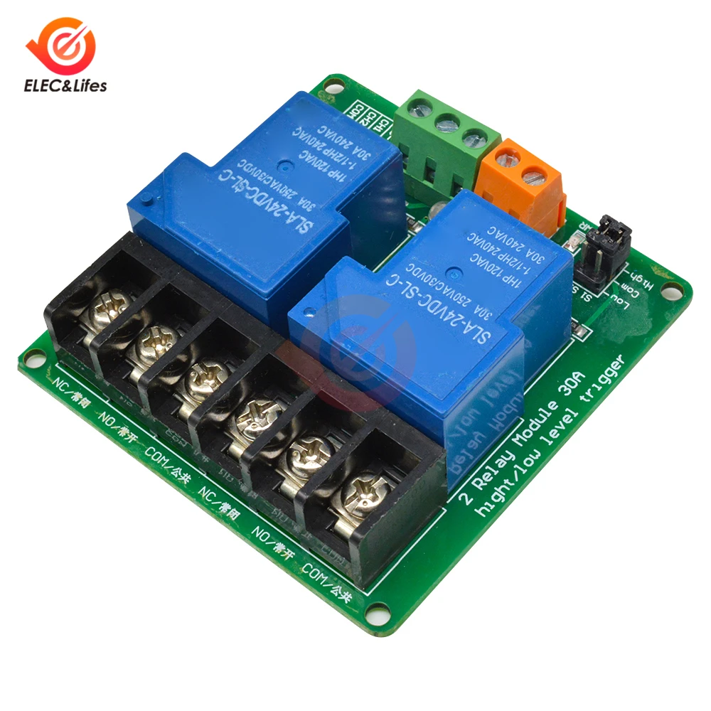 Two 2 Channel DC 5V 12V 24V Relay Module 30A optocoupler isolation module High and Low Level Trigger Relay for Smart Home PLC