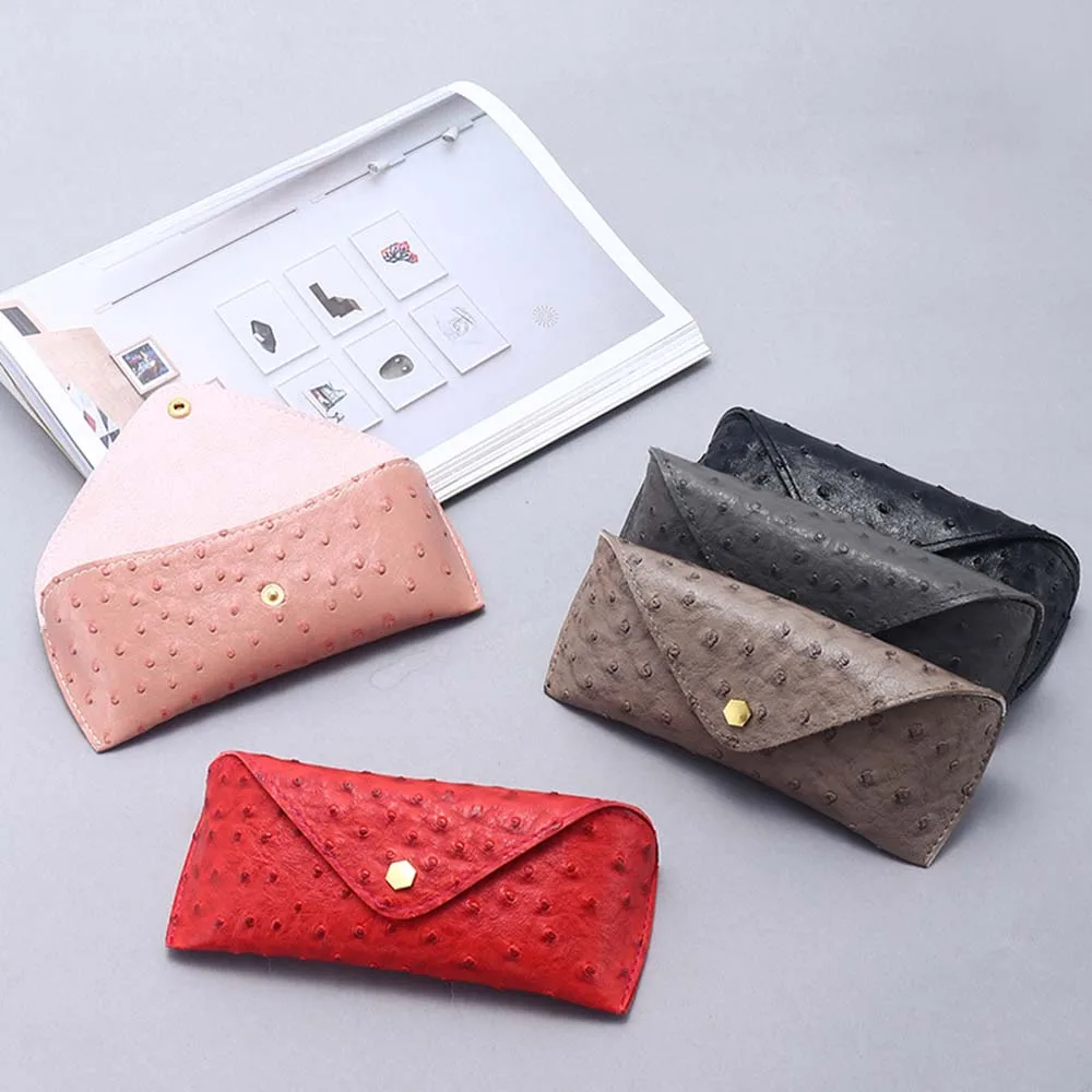 1PCs Ostrich Pattern Leather Glasses Case Personalized Buckle Leather Glasses Case Trendy Soft Pack Sunglasses Case Black Pink