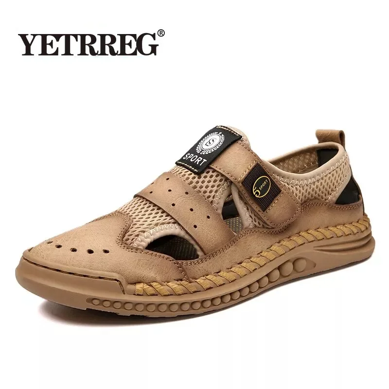 

Мужские сандалии, кожаная сетчатая простроченная Летняя мужская обувь, пляжные сандалии, модные уличные повседневные кроссовки 38-46