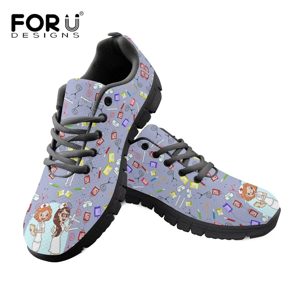 FORUDESIGNS Women's Flats Lace Up Shoes Cartoon Nurse Sisters Medical Equipment Pattern Ladies Lightweight Air Mesh Sneakers