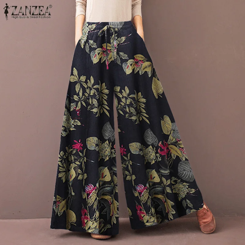 ZANZEA 2023 Kaftan Printed Pants Women's Wide Leg Trousers Elastic Waist Long Pantalon Palazzo  Casual Floral Turnip