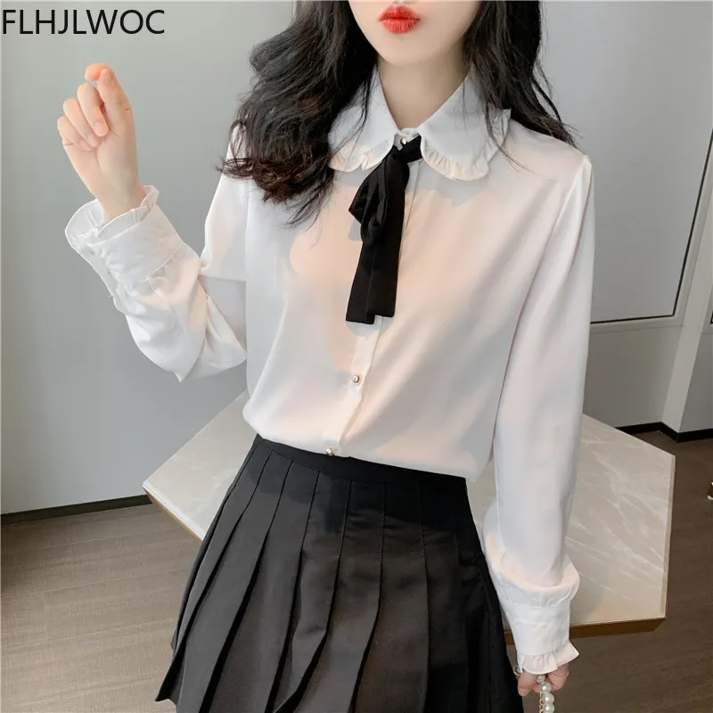 

Ruffled Autumn Spring Basic Office Lady Work Wear Women Single Breasted Button Solid Peter Pan Collar Top White Shirts Blouses