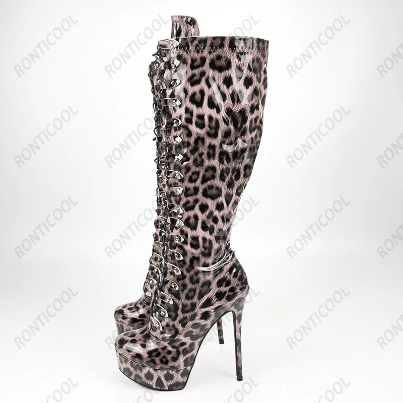 Ronticool mulheres botas de inverno joelho padrão leopardo saltos finos dedo do pé redondo bonito azul luz rosa clube sapatos mais eua tamanho 5-20