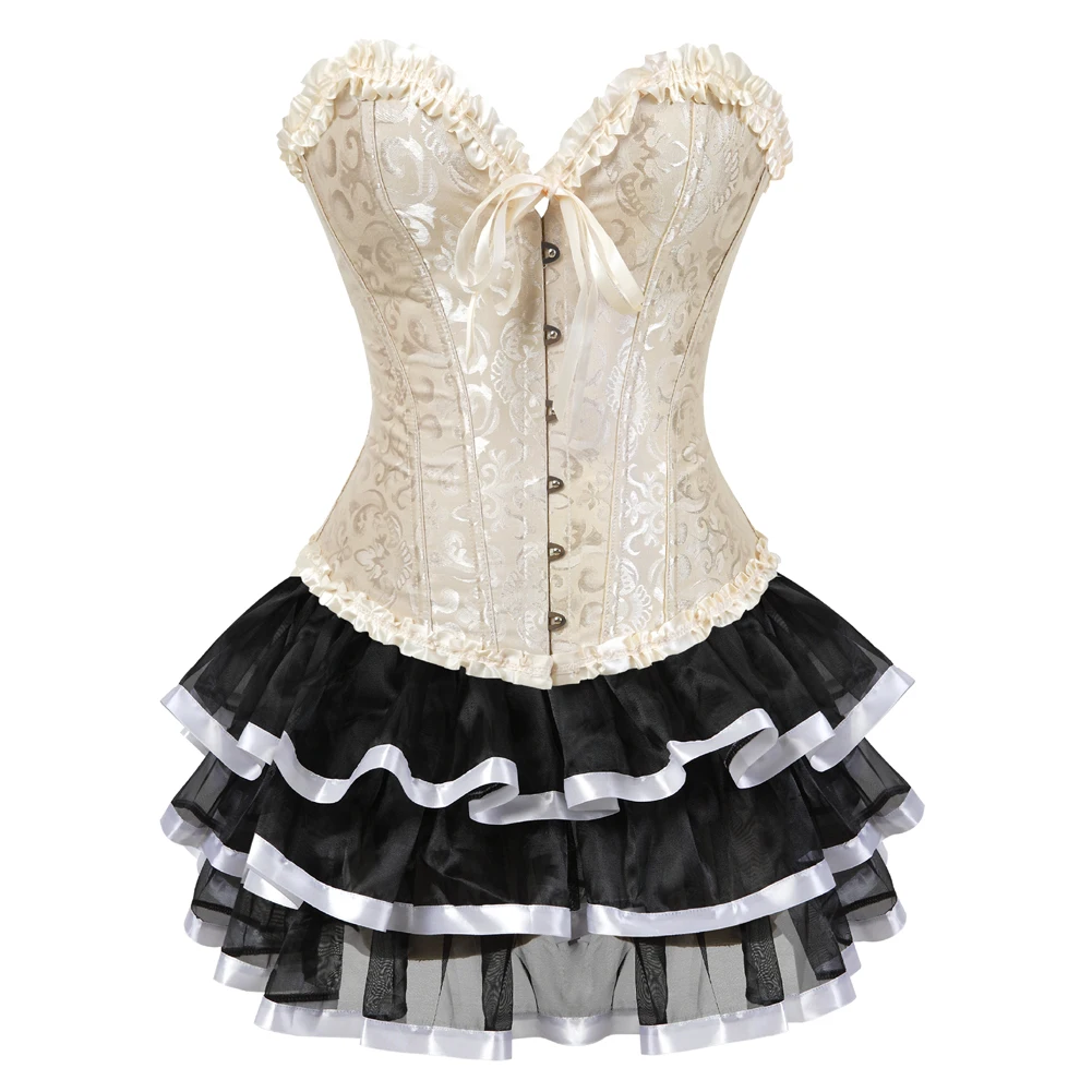 

White Satin Palace Overbust Corset Dancer Showgirl Corset Tops + tutu Skirts Dress Waist Cincher Bustier Plus Size S-6XL