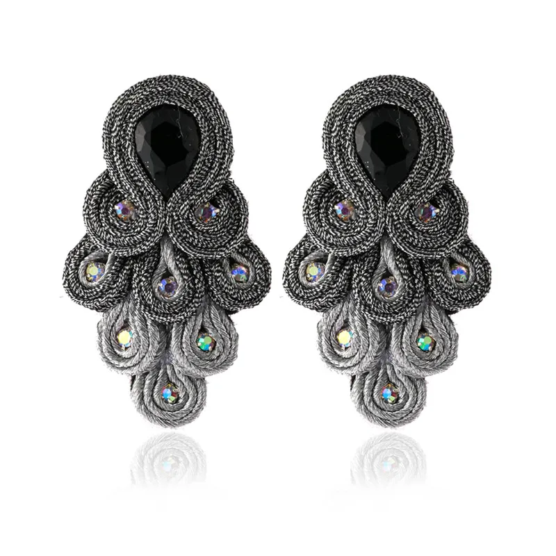 Handmade Fashion Soutache earrings for women Peacock Tail Shape Color Drop earring Crystal Decoration Ethnic boho jewelry 2021