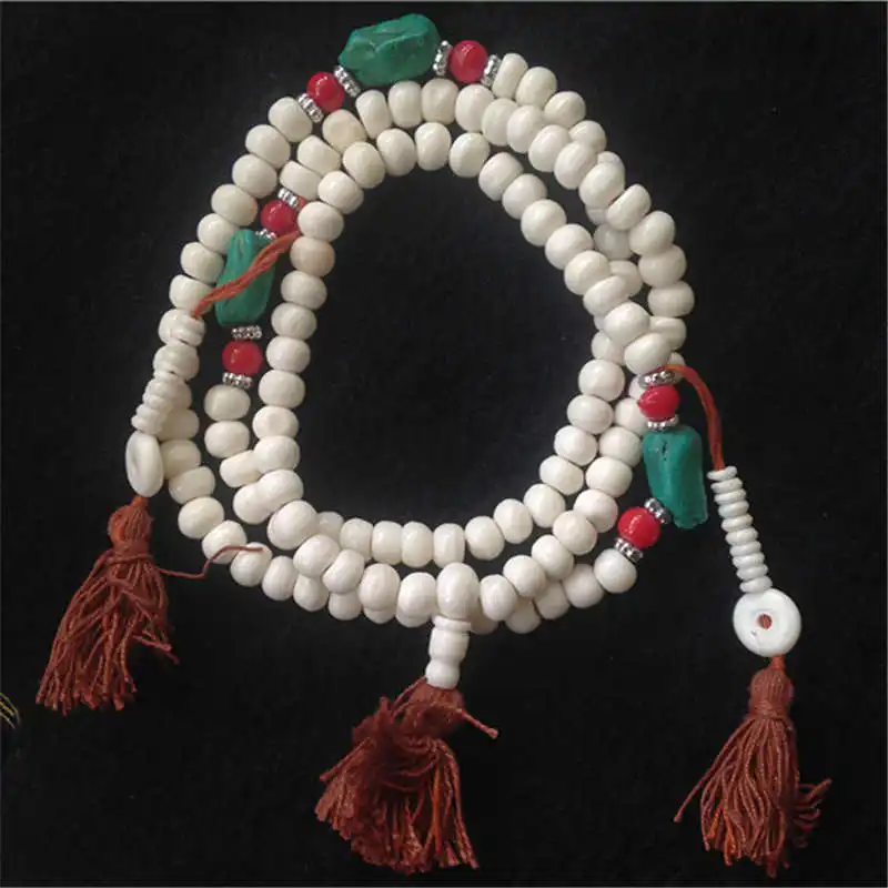 Tibetan Mala 8mm 108PCS White Yak Bone Prayer Meditation Mala Tibet Buddhist Rosary for Man BRO848