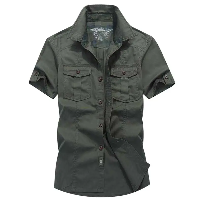 New Fashion Men Shirts for Summer Cotton Military Loose Baggy Army Shirts Short Sleeve Cargo Shirts Big Size Male Clothing