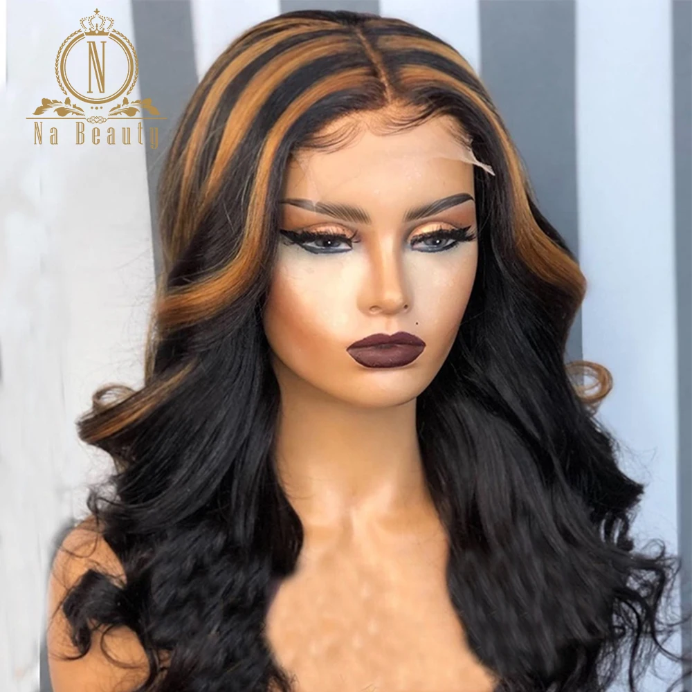 

Black With Brown Highlight Wig 4x4 Closure Wig Body Wave Lace Human Hair Wig For Black Women 180 Density Brazilian Nabeauty