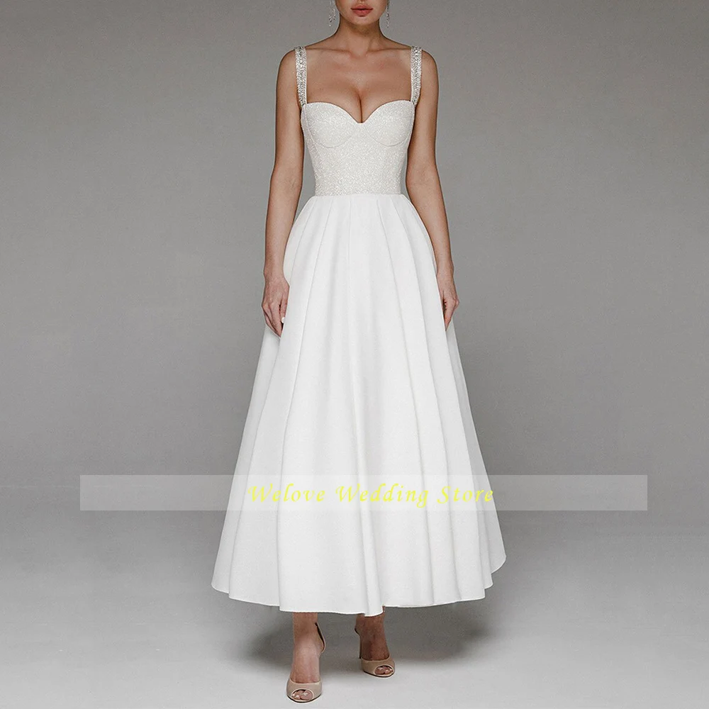 Abito da sposa per feste con corsetto civile una linea spalline stringate abito da sposa semplice bianco senza maniche alla caviglia abiti Novia