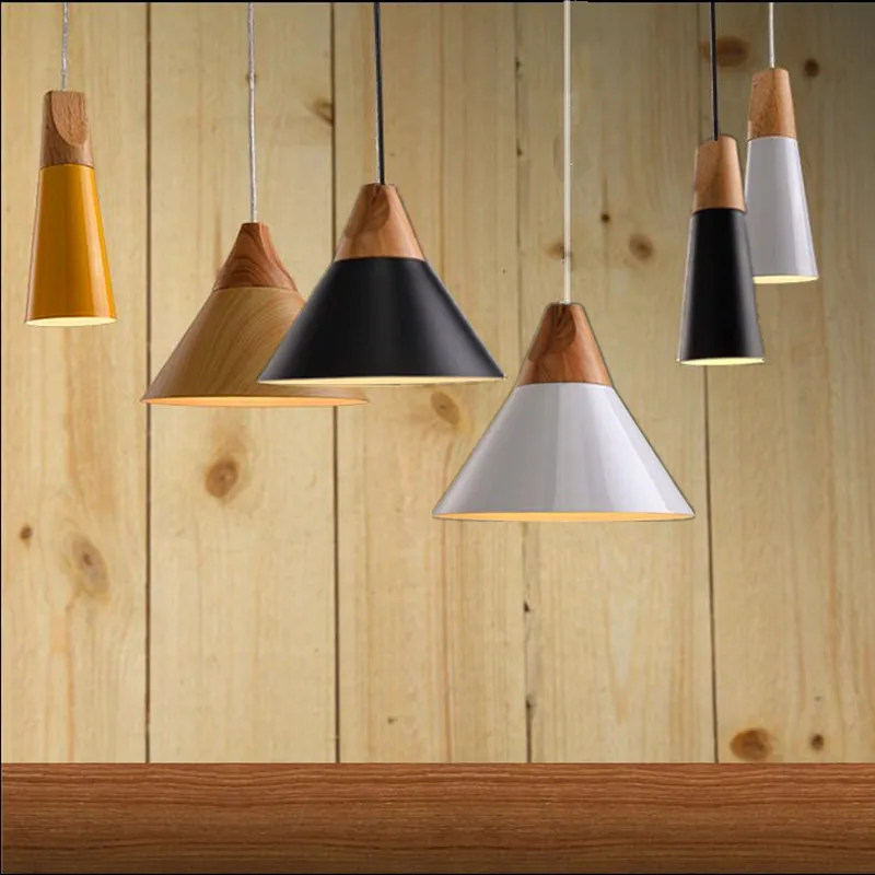 

Nordic Wood Pendant Lights Multicolor Aluminum Lamp Shade Pendant Lamps for Dining Room Bedroom Home Decor Bar Lighting Fixtures