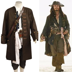 Disfraz de pirata de Halloween, chaqueta de Jack Sparrow, chaleco, cinturón, camisa, pantalones, disfraces de Piratas del Caribe, envío directo