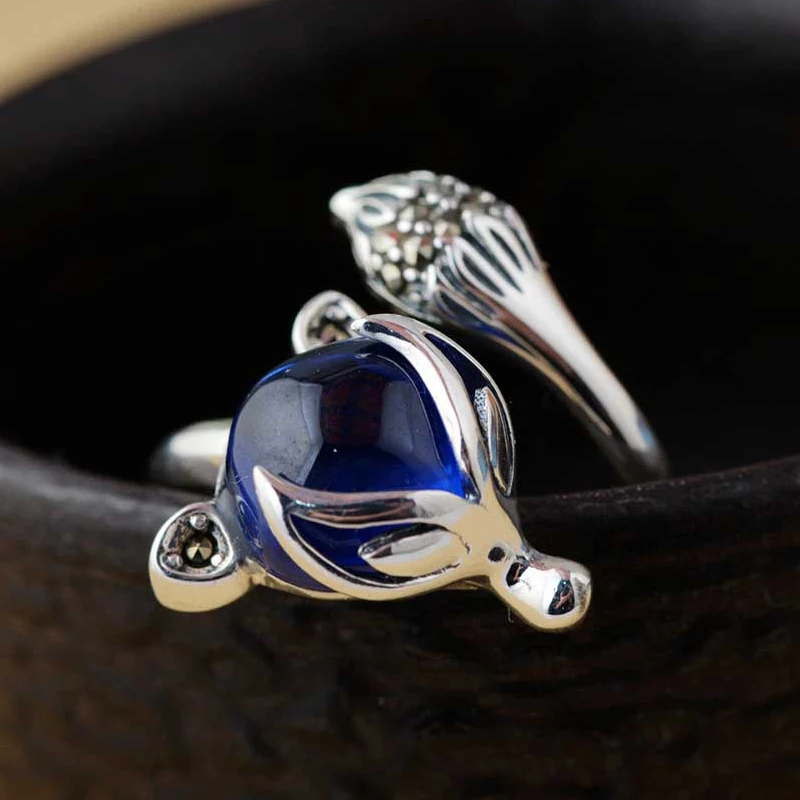 

FNJ 925 Silver Animal Fox Ring Original Pure S925 Sterling Silver Rings for Women Jewelry Open Adjustable Size Blue Corundum