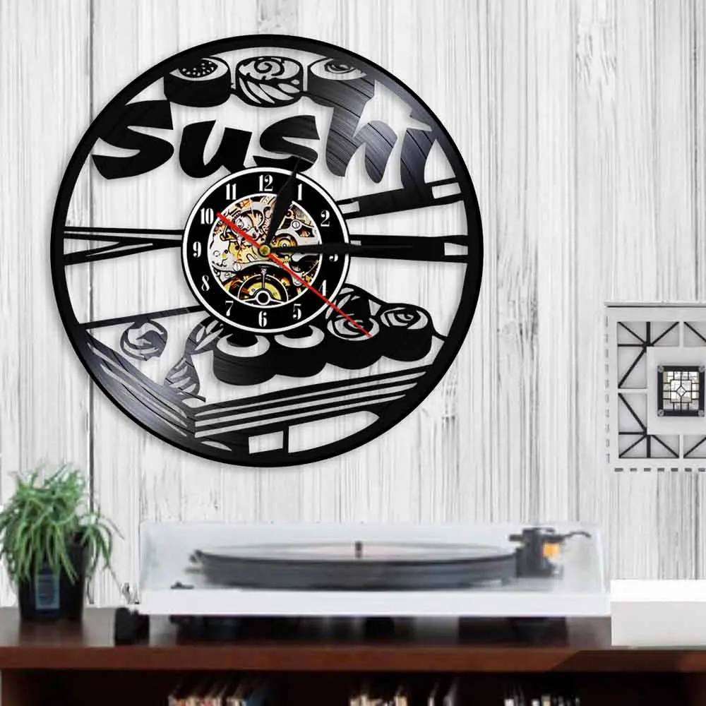 Japanese Cuisine Vinyl Record Wall Clock Modern Design Sushi Rolls Wall Clock Decor Watch Sushi Bar Japanese Sashimi Restaurant