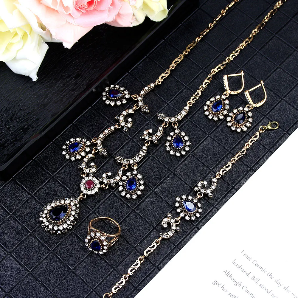 Sunspicems Bohemia Wedding Jewelry Sets for Women 4PCS Antique Gold Color Earring Bracelet Ring Necklace Full Crystal Bride Gift