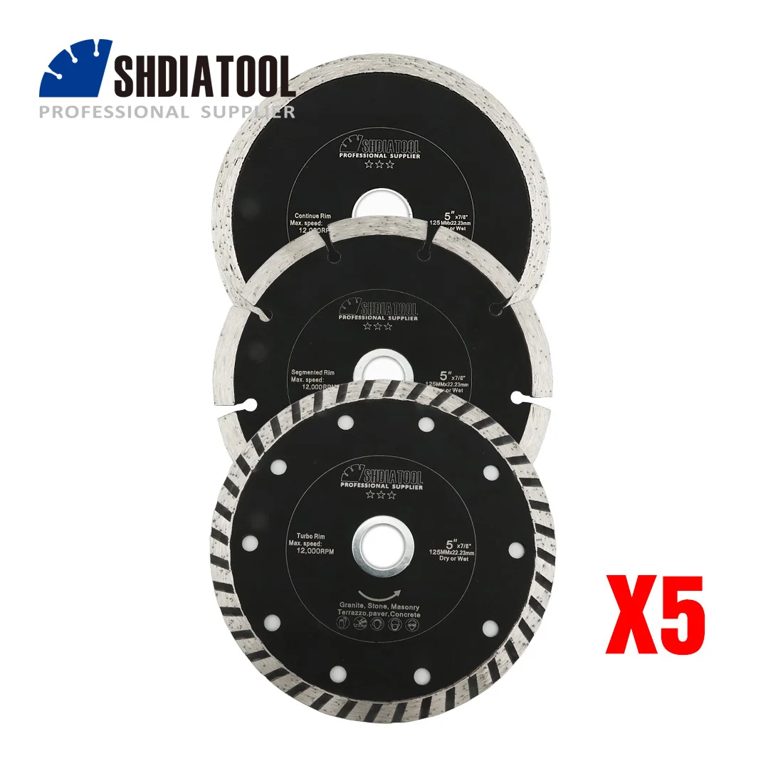 

SHDIATOOL 5 Sets Sintered Diamond Blade For Tile Stone 3pcs/set Dia 125mm/5" Continuous Rib+Segmented+Turbo Rim Cutting Disc