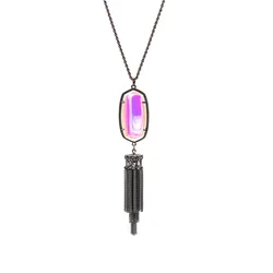 Large Oval AB Color Cats Eye Resin Stone With Claw Long Metal Tassel Pendant Necklace