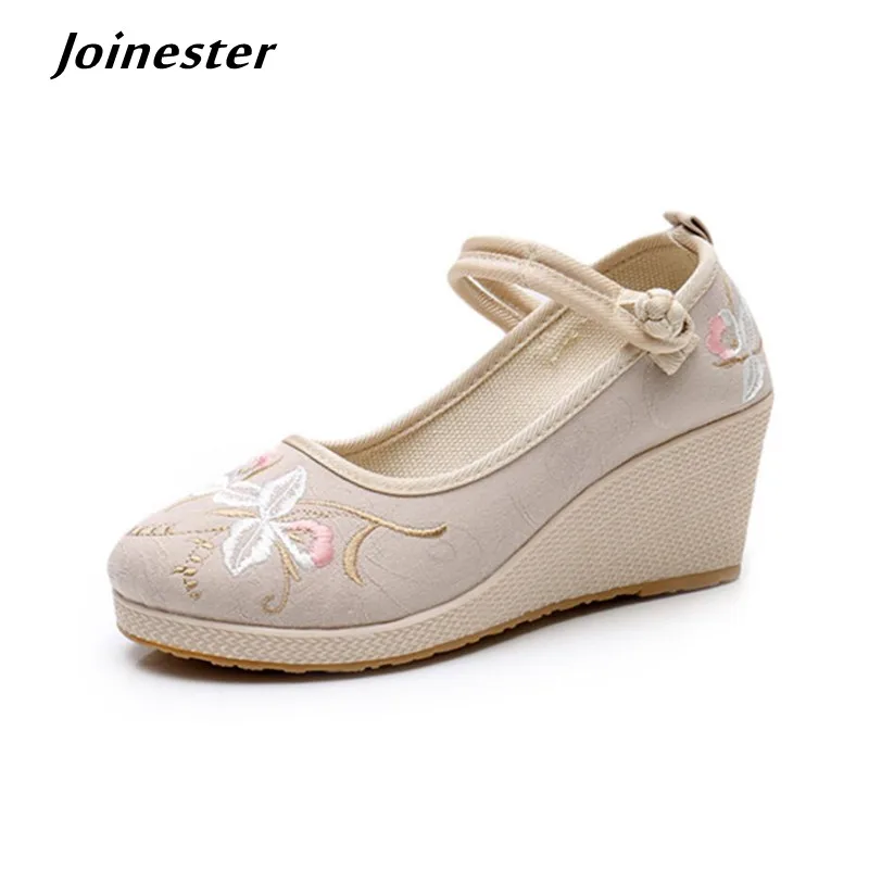 Round Toe Embroidered Women Pumps Женские туфли Summer Wedge Shoes for Ladies Retro Heels Ankle Strap Mary Jane Sandals