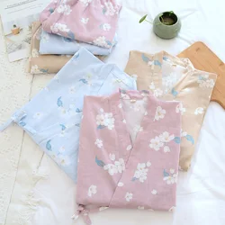 Japanese kimono pajamas suit ladies spring and summer thin cotton gauze cherry blossom three-quarter sleeve loose home service