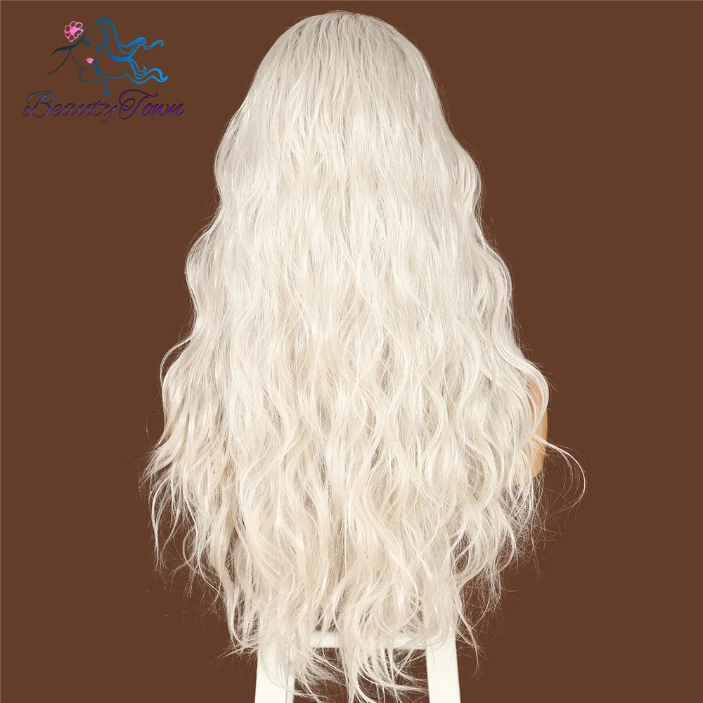 BeautyTown Silver White Grey Futura Lace Wig for Daily Makeup Cosplay Long Wave Layered Heat Resistant Synthetic Lace Front Wig