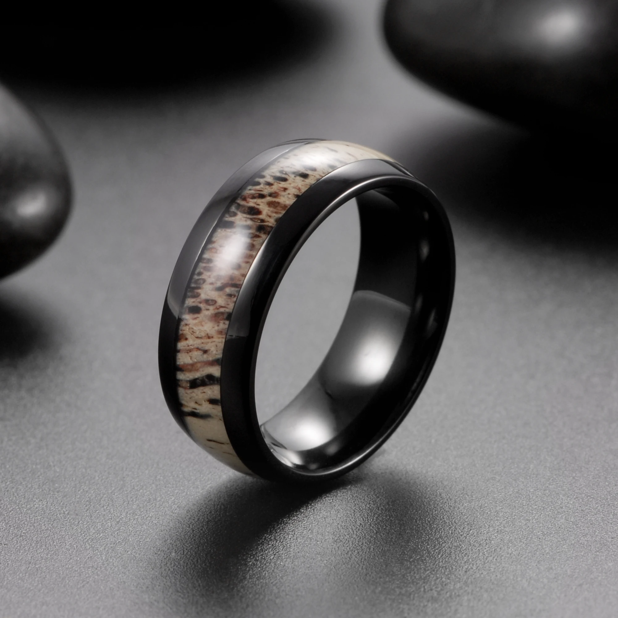 8mm Deer Antler Ring Domed Black Titanium Wedding Bands Men's Outdoor Anniversary Ring Engagement Promise Ring For Men Women