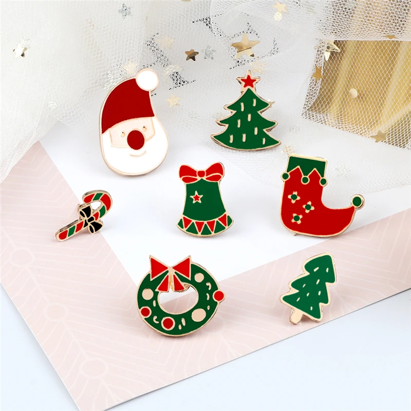 Cartoon Christmas Brooch Santa Claus Christmas Tree Bell Enamel Pins Cute Badge Hat Denim Lapel Pin Festival Party Jewelry Gifts