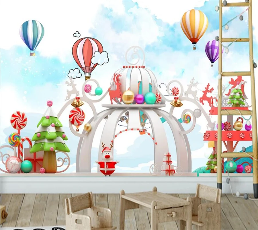 

wellyu Custom wallpaper 3d Nordic fantasy castle simple hand-painted cartoon airplane balloon children's room 3d background wall