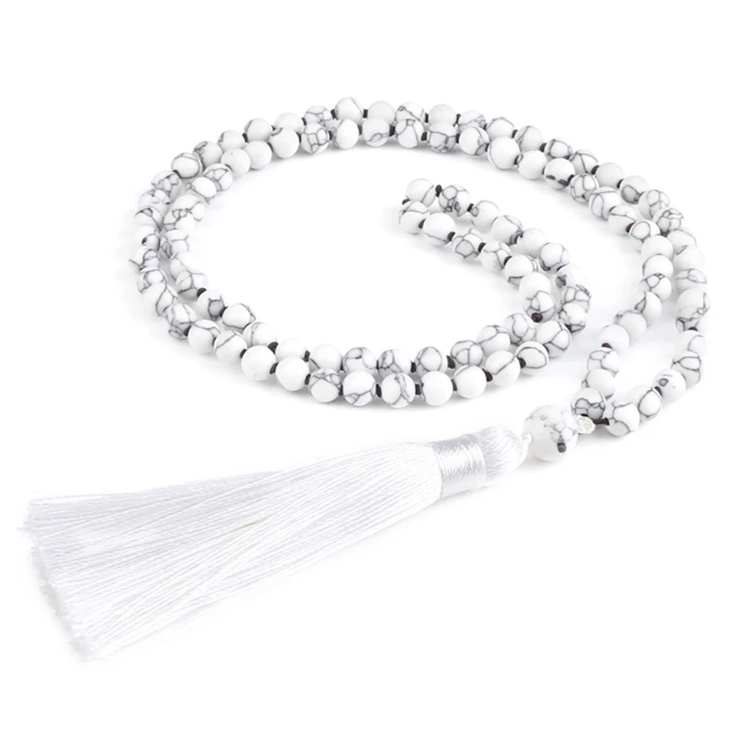 Fashion White Tassel Long Necklace 6mm 108 Beaded Black Line Natural Stone Handmade Mala knotted Necklaces for Women Men Jewelry