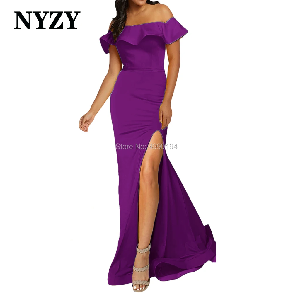 Off the Shoulder High Slit Ruffles Gold Mermaid Prom Dresses Long 2020 NYZY P106 Celebrity Red Carpet Evening Gowns for Women