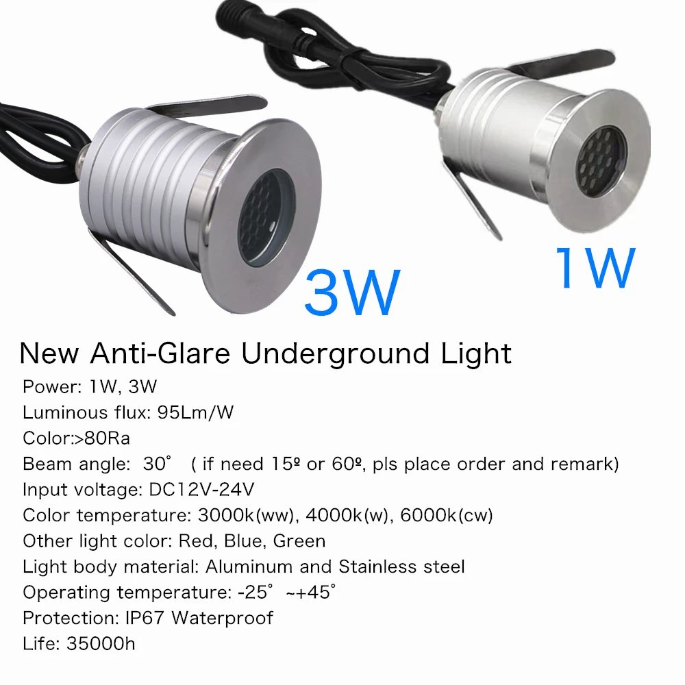 IP67 Anti-Glare Led Underground Light 3W 1W Waterproof Ground Garden Floor Lamp 12V 24V Outdoor Recessed Inground Yard Lighting