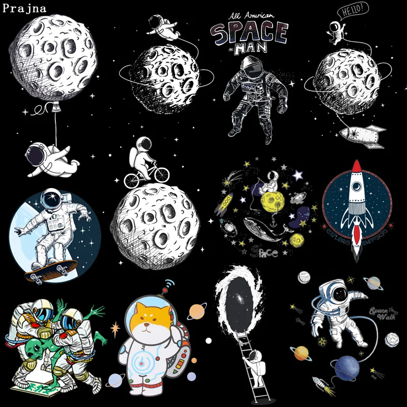 Prajna Cute Space Astronaut Patches Thermal Sticker On Clothes Heat Transfer Vinyl Patches For Clothes Kid T Shirt Moon Applique