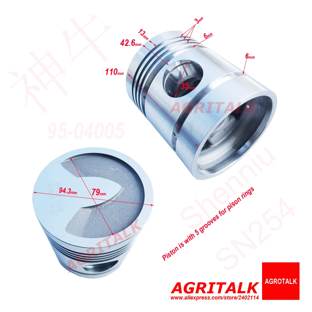 

Piston ( 4 / 5 grooves for rings ) for Shenniu Bison tractor SN254 with 295T engine, part number: