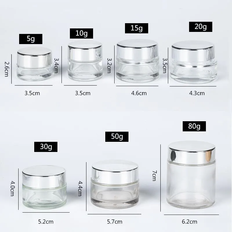 Clear Glass Cream Jar Cosmetic Container 5-100g Cosmetic Jars Silver Gold Lid Glass Bottle Make Up Container Empty Jars Travel