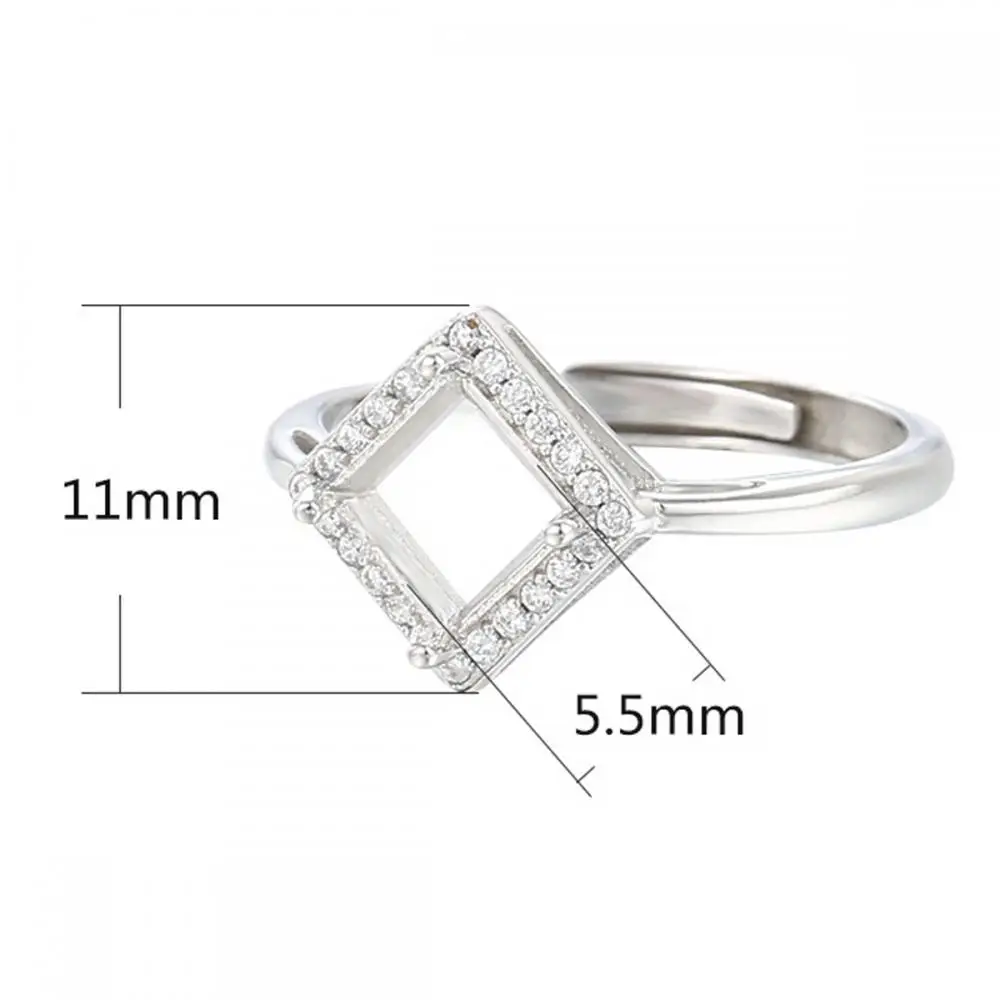 Solid Sterling Silver Adjustable Ring Blank for 5.5X5.5mm Square Bezel Cabochon Setting Ring DIY Jewelry Craft Making