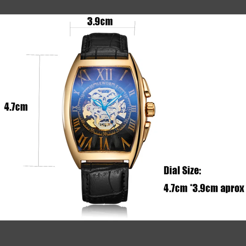 Skull Watches Men Mechanical Watches Sewor Automatic Mechanical Wristwatch Men Fashion Tonneau Watches Men Leather Band