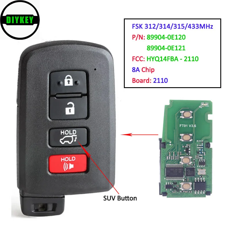 

DIYKEY Board 2110 Smart Key 4 Button FSK 312/314/315/433MHz 8A Chip for Toyota Highlander Limited HYQ14FBA-2110, 89904-0E120(1)