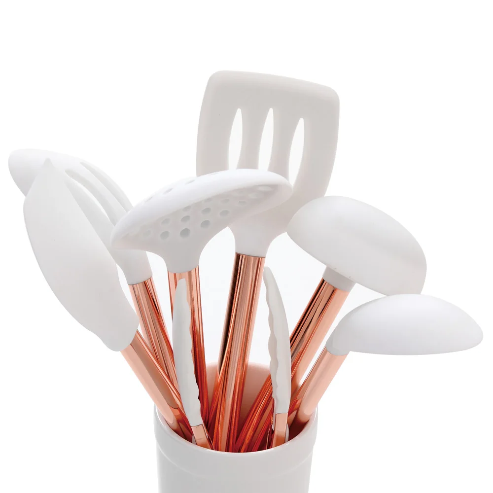 7 Piece Set White Silicone and Copper Cooking Utensils for Modern Cooking and Serving, Stainless Steel Copper Serving Utensils